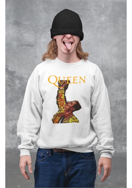Unisex Queen Yazılı Kapüşonsuz Sweatshirt, Oversize Legend Rock Band Baskılı Sweat