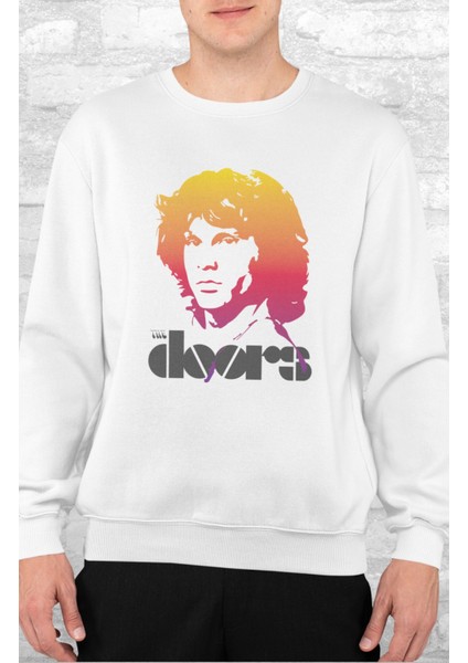 Unisex Doors Face Baskılı Kapüşonsuz Sweatshirt, Oversize Rock Band Baskılı Sweat