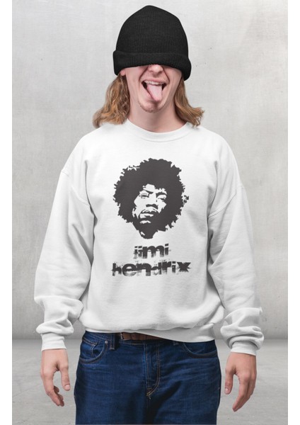 Unisex Jimi Hendrix Baskılı Kapüşonsuz Sweatshirt, Oversize Rocker Baskılı Sweat