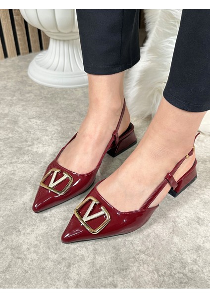 Günlük Kadın Abiye Kalın Kısa Topuklu V Tokalı Ayarlanabilir Sivri Burun Babet Ayakkabı 459