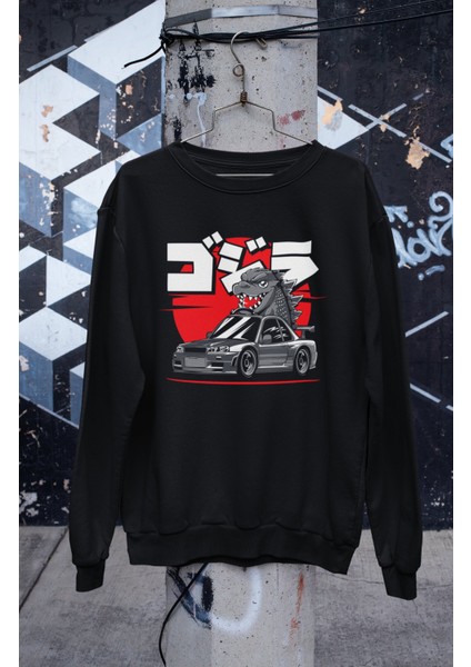 Godzilla Gtr R34 Kapüşonsuz Sweatshirt, Unisex Oversize Araba Temalı Sweat