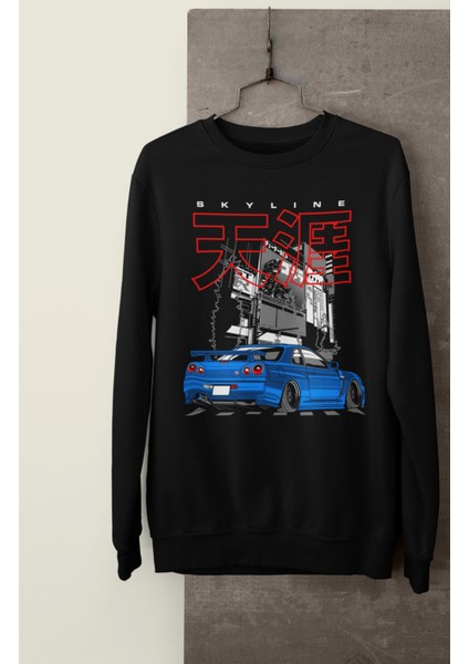 Skyline Gt-R R34 Baskılı Kapüşonsuz Sweatshirt, Unisex Oversize Araba Temalı Sweat