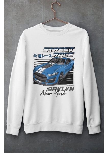 Street Race Kapüşonsuz Sweatshirt, Unisex Oversize Araba Temalı Sweat
