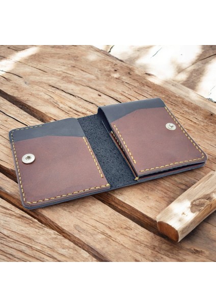 Cy Leather Nexus Trifold Siyah Koyu Taba Hakiki Deri Erkek Kadın Cüzdan El Yapımı Unisex