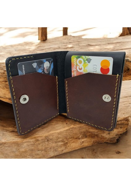 Cy Leather Nexus Trifold Siyah Koyu Taba Hakiki Deri Erkek Kadın Cüzdan El Yapımı Unisex modelleri