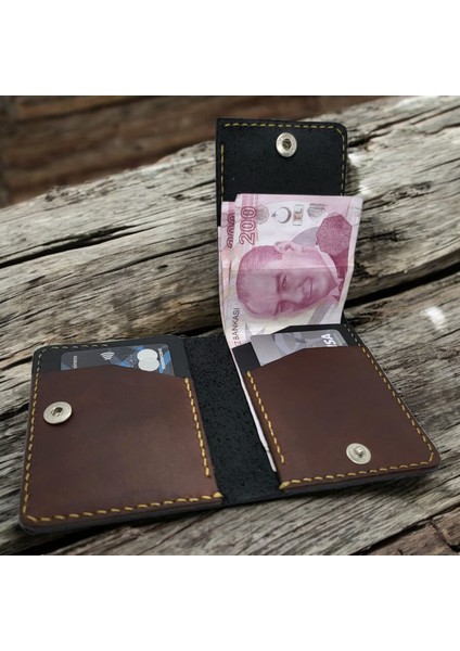 Cy Leather Nexus Trifold Siyah Koyu Taba Hakiki Deri Erkek Kadın Cüzdan El Yapımı Unisex fırsatları