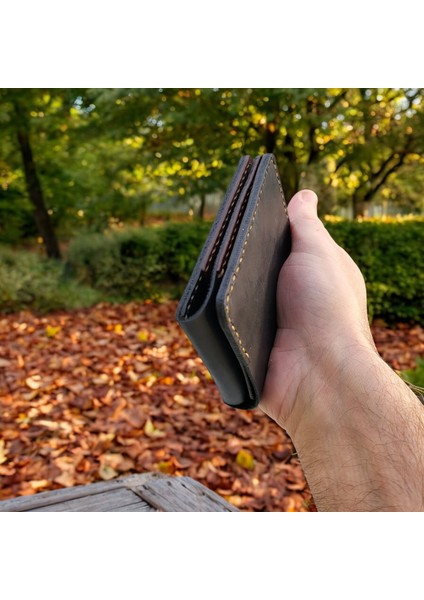 Cy Leather Nexus Trifold Siyah Koyu Taba Hakiki Deri Erkek Kadın Cüzdan El Yapımı Unisex indirimleri