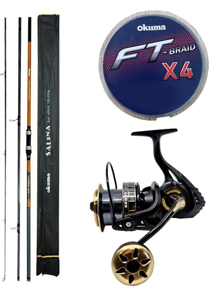 Yekoutdoor Profesyonel Olta Seti Okuma Salina Surf 14' 420 cm 3 Parça Surf Kamışı&kendo Black Bass GP10000 5+1bb Olta Makinesi