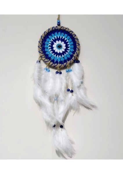 Nazar Boncuğu Desenli Dream Catcher El Yapımı Kuş Tüylü Rüya Kapanı Duvar Süsü