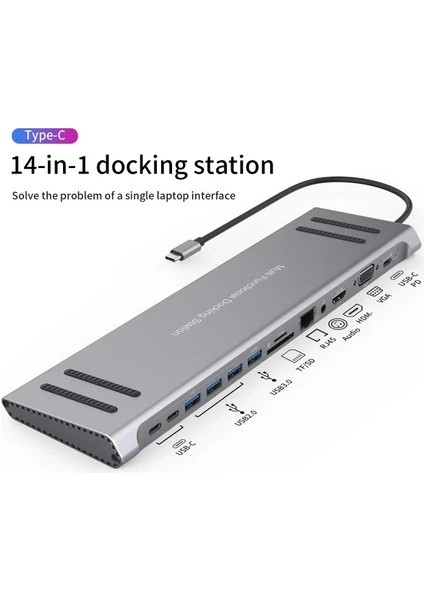 14 In 1 Type-C To Aux VGA RJ45 Lan Sd Tf 3x USB Hdmı Macbook Uyumlu USB Hub Çoklayıcı Adaptör