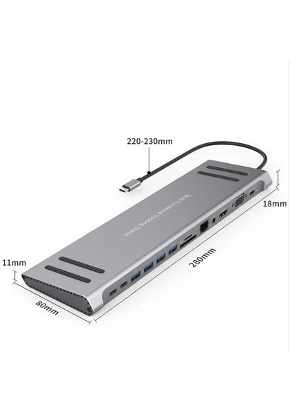 14 In 1 Type-C To Aux VGA RJ45 Lan Sd Tf 3x USB Hdmı Macbook Uyumlu USB Hub Çoklayıcı Adaptör
