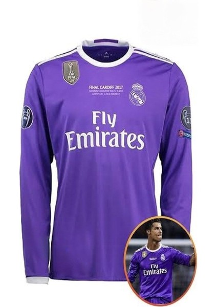 C.ronaldo Mor 2017 Cardiff Finali Realmadrid Retro Yetişkin Forması Uzun Kollu Unisex Maç Forması