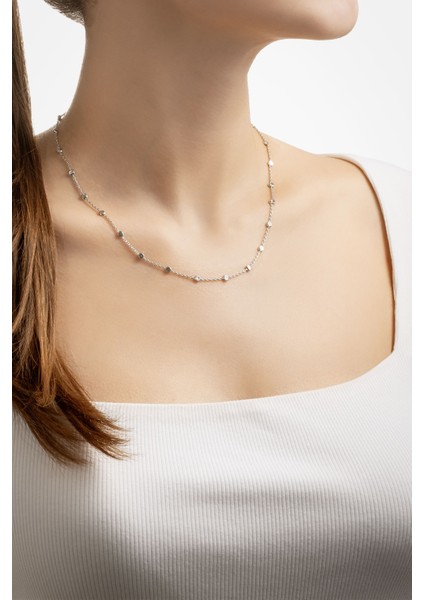Minimal 18 Ayar Beyaz Altın Kaplama 44 cm Gümüş Zincir Kolye