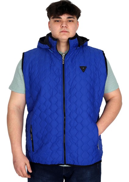 Mode Xl Büyük Beden Erkek Fermuarlı Kapüşonlu Şişme Yelek U24705 Mavi