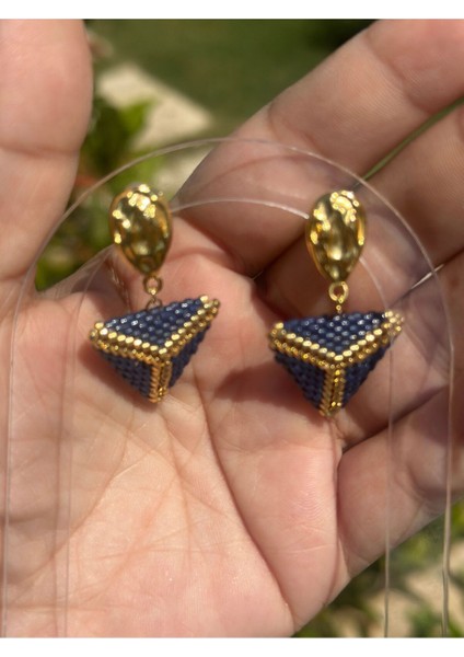 Lacivert, Gold, Üçgen, Miyuki Küpe, Marine, Handmade, modelleri