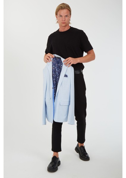 G-224 Dar Kalıp Örme Kumaş Indigo-Beyaz Erkek Blazer Ceket modelleri