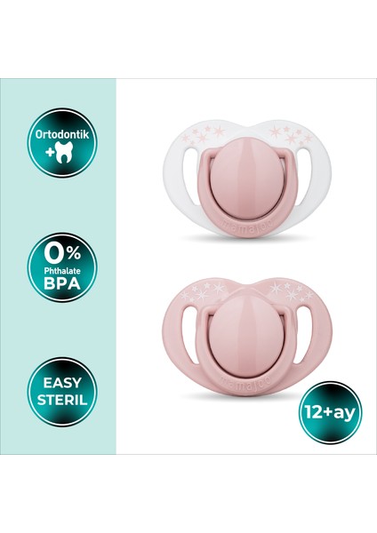 Ortodontik Damaklı Emzik, Powder Pink, 12+ Ay, Emzik Saklama & Sterilizasyon Kutulu, İkili Set