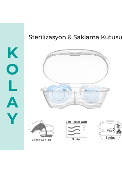 Ortodontik Damaklı Emzik, Powder Blue, 0+ Ay, Emzik Saklama & Sterilizasyon Kutulu, İkili Set
