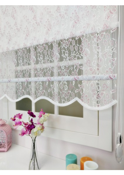 Çiftli Sistem Yeni Beyaz-Fuşya Yonca Dantel Series Tül + Stor