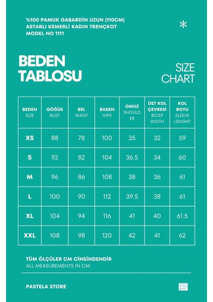 %100 Pamuk Gabardin Uzun (110CM) Astarlı Kemerli Kadın Trençkot 1111