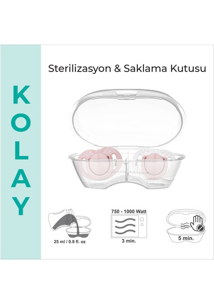Ortodontik Damaklı Emzik, Powder Pink, 0+ Ay, Emzik Saklama & Sterilizasyon Kutulu, İkili Set
