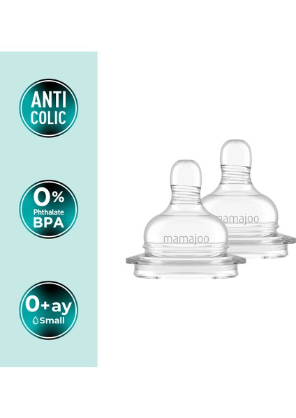 Anti-Kolik Biberon Emzikleri, 0 Ay+, Yavaş Akışlı, 2li Paket