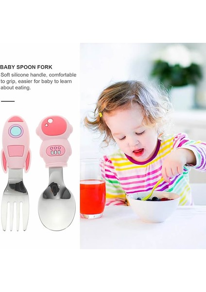 Roket ve Astronot Figürlü Çocuk Silikon Saplı Paslanmaz Çelik Uçlu Kaşık - Çatal Seti ve Saklama Kutusu (Pembe) modelleri