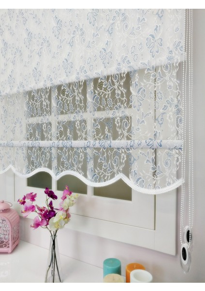 Çiftli Sistem Yeni Beyaz-Mavi Yonca Dantel Series Tül + Stor