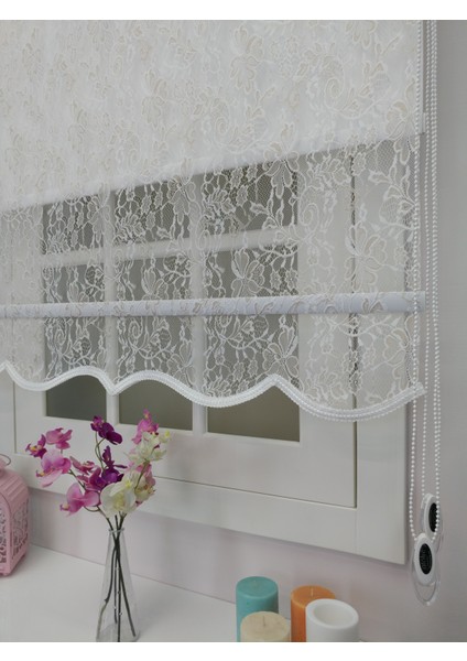 Çiftli Sistem Yeni Beyaz-Krem Yonca Dantel Series Tül + Stor