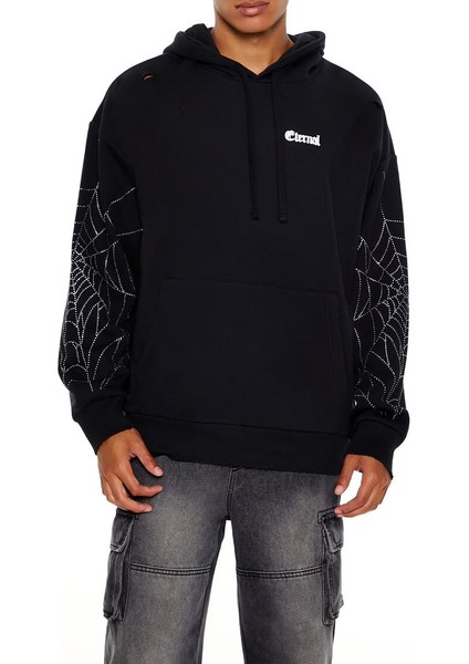 Taş Işlemeli Örümcek Ağı Kapüşonlu Sweatshirt