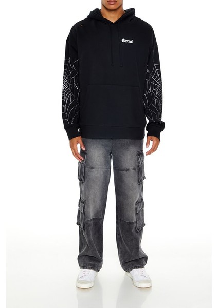 Taş Işlemeli Örümcek Ağı Kapüşonlu Sweatshirt