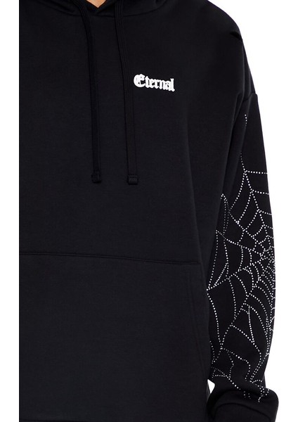 Taş Işlemeli Örümcek Ağı Kapüşonlu Sweatshirt