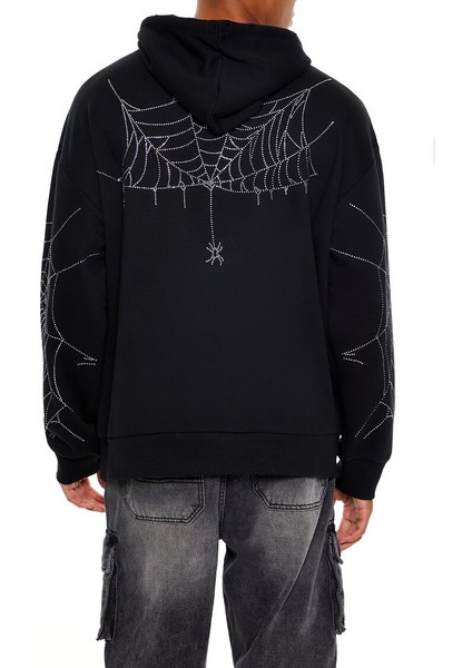 Taş Işlemeli Örümcek Ağı Kapüşonlu Sweatshirt