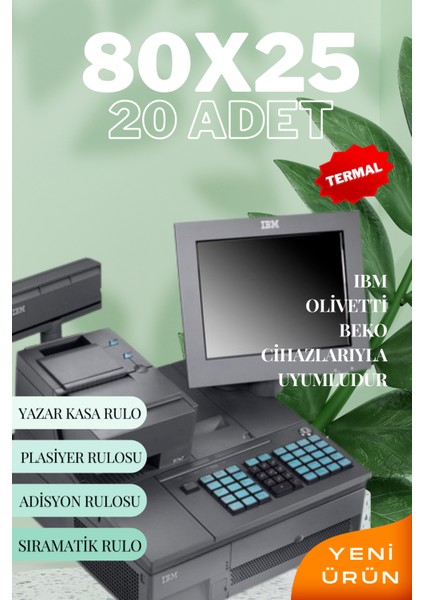 80X25 Termal Plasiyer Adisyon Yazıcı Sıramatik Rulosu 1 Paket 20 Adet 25MT