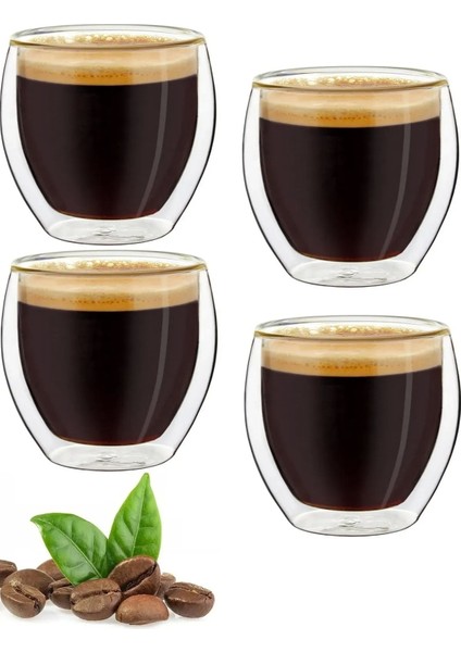 4'lü Çift Cidarlı Bardak 250 ml Ev Ofis Çay Fincanı Kahve Sunum Bardağı Dayanıklı Kupa Cam Bardak