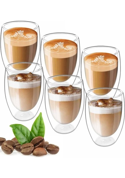 6'lı Çift Cidarlı Bardak 250 ml Ev Ofis Çay Fincanı Kahve Sunum Bardağı Dayanıklı Kupa Cam Bardak