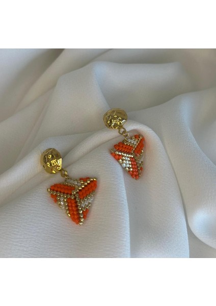 Turuncu, Gold, Krem, Üçgen Küpe, Sallantılı Küpe, Miyuki Küpe, Cam Boncuk Küpe