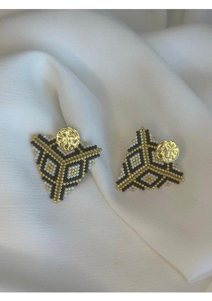 Siyah, Gold, Krem, Üçgen Küpe