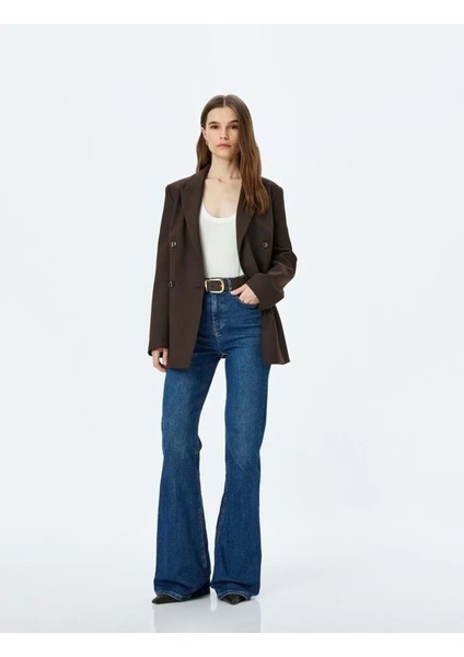 Yüksek Bel Ispanyol Paça Kot Pantolon - Flare Jean 5SAL40017MD - Koton - Orta Indigo - 26/32