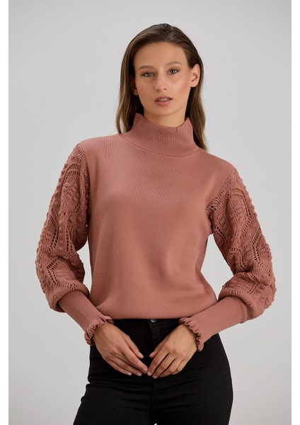 Kadın Triko Kolu Şık Örgü Detaylı Kazak