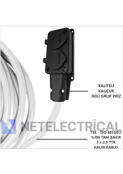 Kauçuk 2'li 12 Metre Topraklı Grup Priz - 3x2.5 Ttr Tam Bakır Kalın Beyaz Kablo