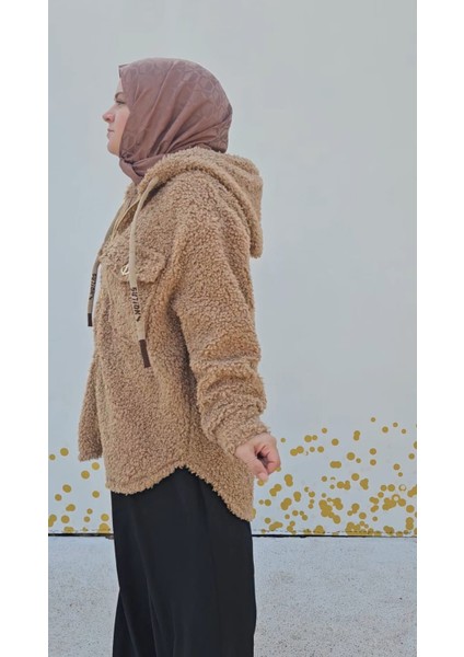 Kapüşon ve Cep Detaylı Kahve Peluş Ceket