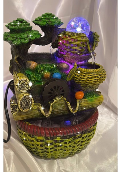 Su Şelalesi Doğa Çift Oluklu Sepet Feng Shui Akan Su Objesi LED Işık Lı