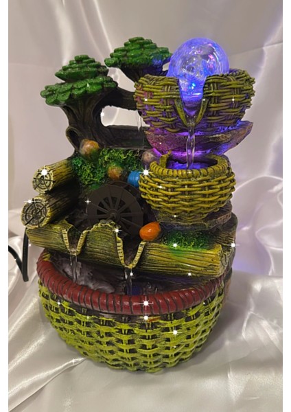 Su Şelalesi Doğa Çift Oluklu Sepet Feng Shui Akan Su Objesi LED Işık Lı fiyatları