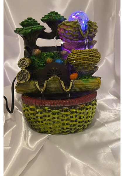 Su Şelalesi Doğa Çift Oluklu Sepet Feng Shui Akan Su Objesi LED Işık Lı fırsatları