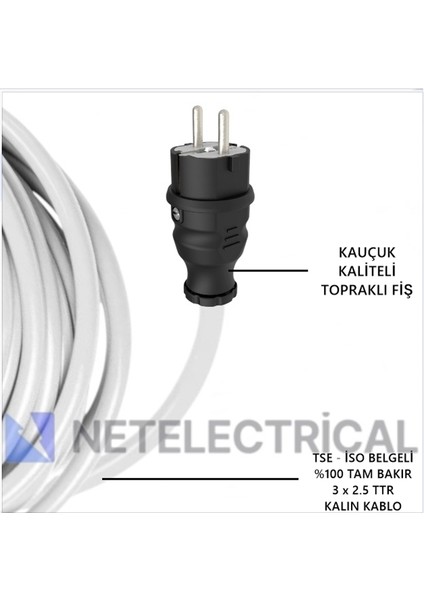 Kauçuk 3'lü 1 Metre Topraklı Grup Priz - 3x2.5 Ttr Tam Bakır Kalın Beyaz Kablo