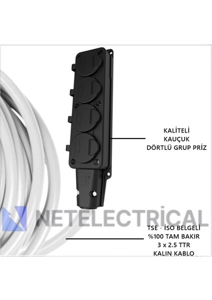 Kauçuk 4'lü 22 Metre Topraklı Grup Priz - 3x2.5 Ttr Tam Bakır Kalın Beyaz Kablo