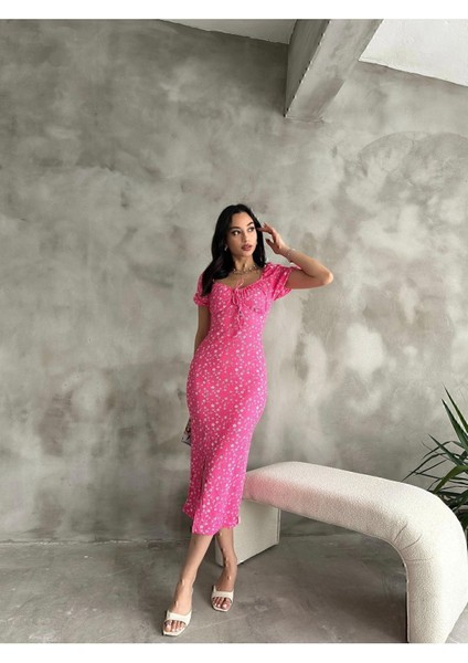 Yazlık Çiçek Desen Karpuz Kol Yırtmaç Detay Midi Boy Elbise