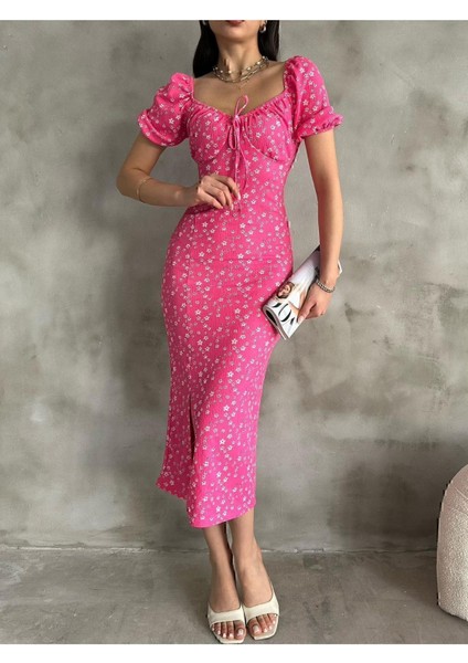 Yazlık Çiçek Desen Karpuz Kol Yırtmaç Detay Midi Boy Elbise fiyatları