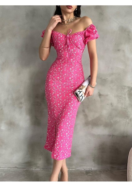 Yazlık Çiçek Desen Karpuz Kol Yırtmaç Detay Midi Boy Elbise fırsatları